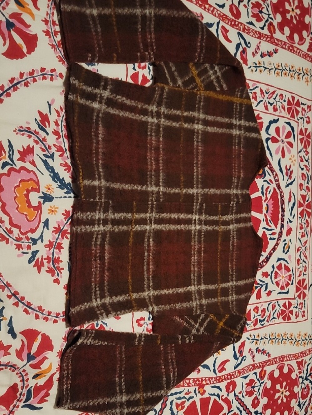 NWOT Zara Womens Warm Brown Red Plaid V Neck Fall Sweater Cream & Mustard Accent - Picture 14 of 16